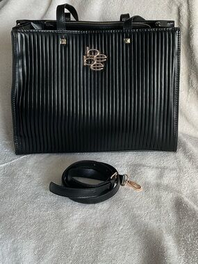 bebe Black Pleated Tote with Gold Logo